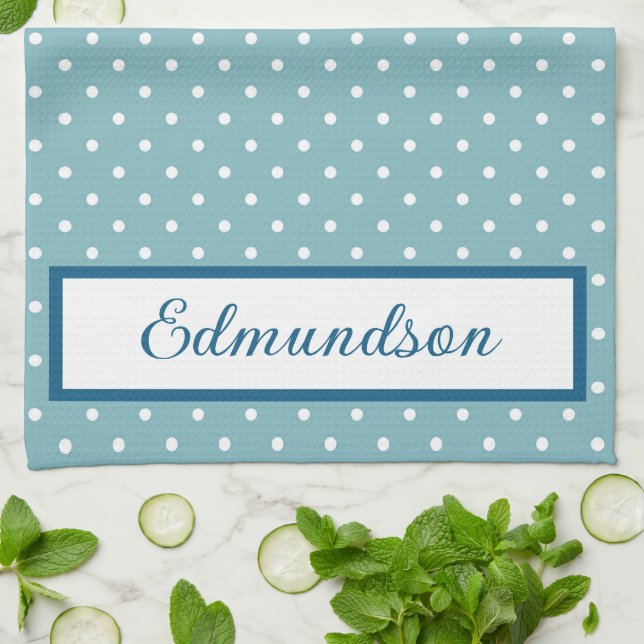 Sky Blue and White Polka Dot Personalized Kitchen Towel (Folded)