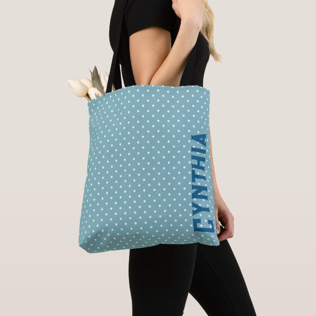 Sky Blue and White Polka Dot Personalized Tote Bag (Close Up)