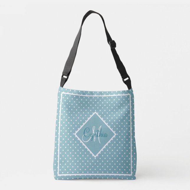 Sky Blue and White Polka Dot with Monogram  Crossbody Bag (Back)