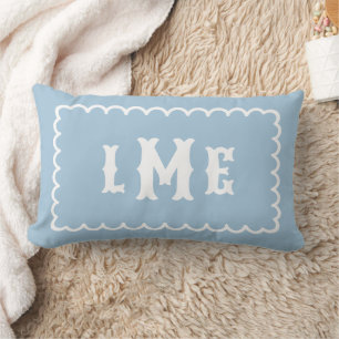Sky Blue and White Scalloped Monogram Lumbar Pillow