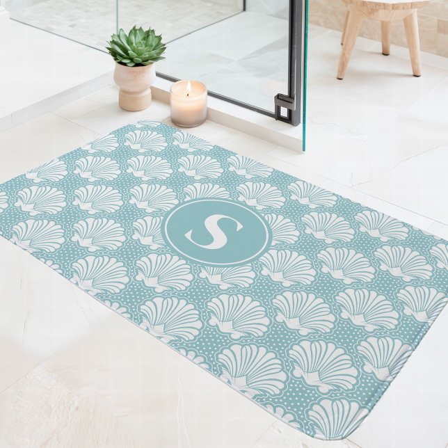 Sky Blue and White Seashell Coastal Monogram Bath Mat (Creator Uploaded)