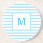 Sky Blue and White Stripes Custom Monogram Coaster<br><div class="desc">Get a cute simple modern sky baby blue and white stripped coaster with your custom monogram name or initials,  to your cozy home or office! Made with sandstone. Customize it with your favorite font and color to make it your one and only happy coaster!</div>