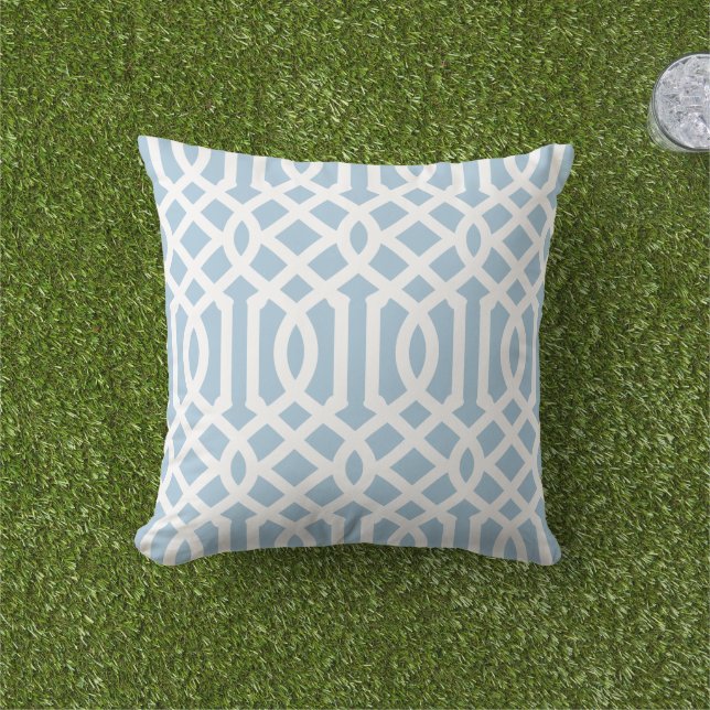Sky Blue and White Trellis Pattern Outdoor Pillow (Grass)