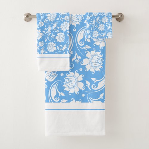 Sky blue and white vintage damasks bath towel set