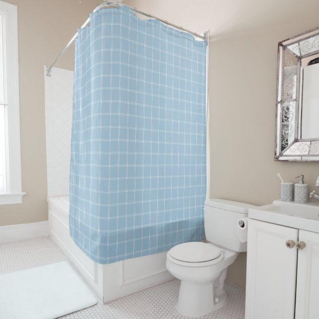 Sky Blue and White Windowpane Check Shower Curtain (In Situ)