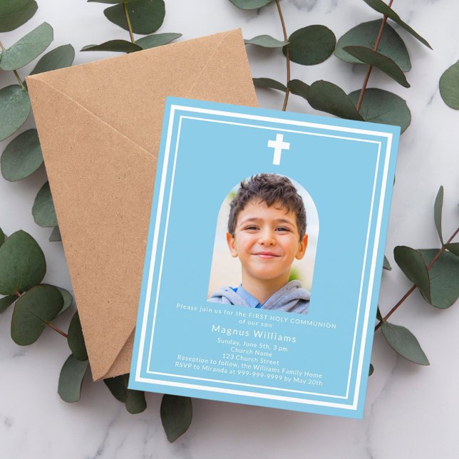 Sky blue arch photo boy First Communion invitation (Creator Uploaded)