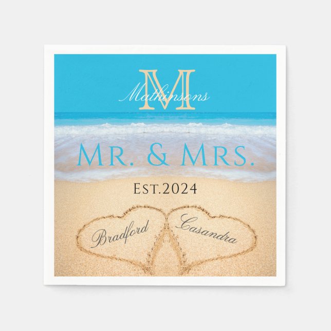 Sky Blue Beach Wedding 2 Hearts in the Sand Napkins (Front)