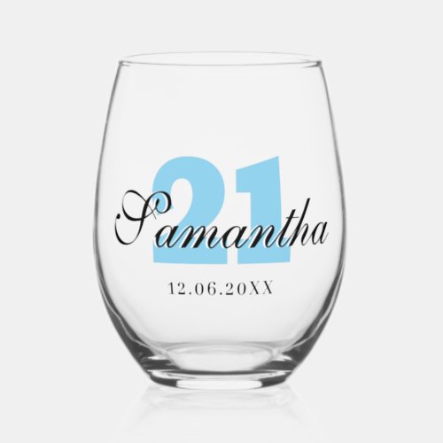 Sky Blue Birthday Number  Black 3D Name Date Stemless Wine Glass
