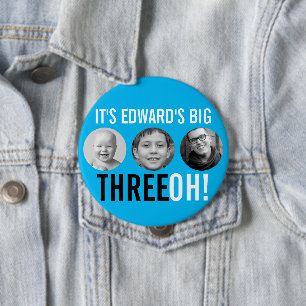 Sky blue black 30th Three OH! three photo birthday Button
