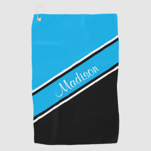 Sky Blue Black Diagonal Stripe Script Name Golf Towel