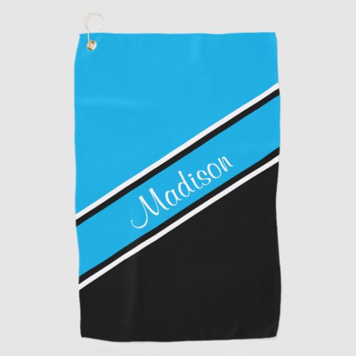 Sky Blue Black Diagonal Stripe Script Name Golf Towel