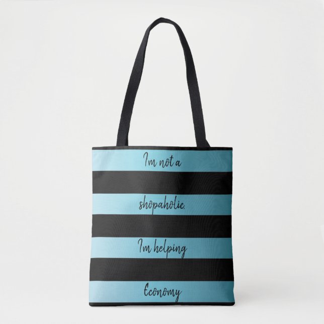 sky blue black striped with quote tote bag (Front)