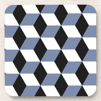Sky Blue Black & White 3D Cubes Pattern Beverage Coaster