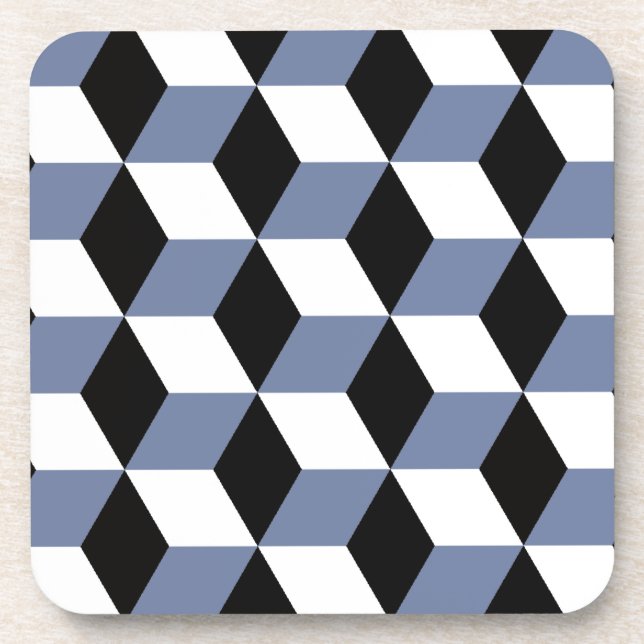 Sky Blue Black & White 3D Cubes Pattern Beverage Coaster (Front)