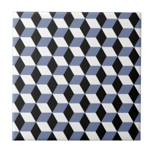 Sky Blue Black & White 3D Cubes Pattern Tile