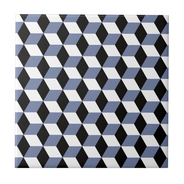 Sky Blue Black & White 3D Cubes Pattern Tile (Front)