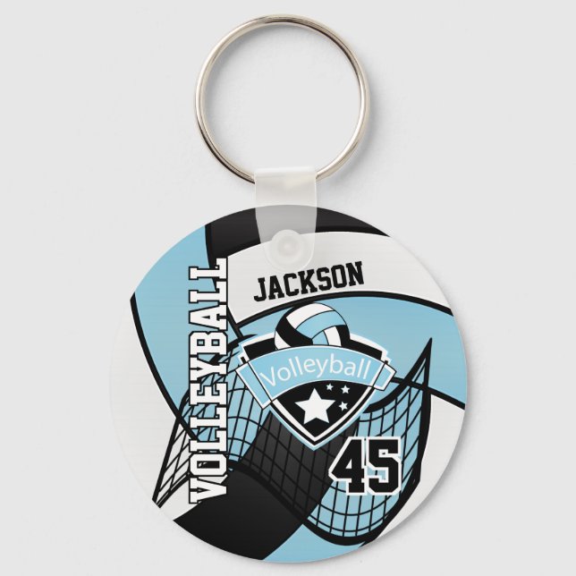 Sky Blue, Black & White Volleyball   Keychain (Front)