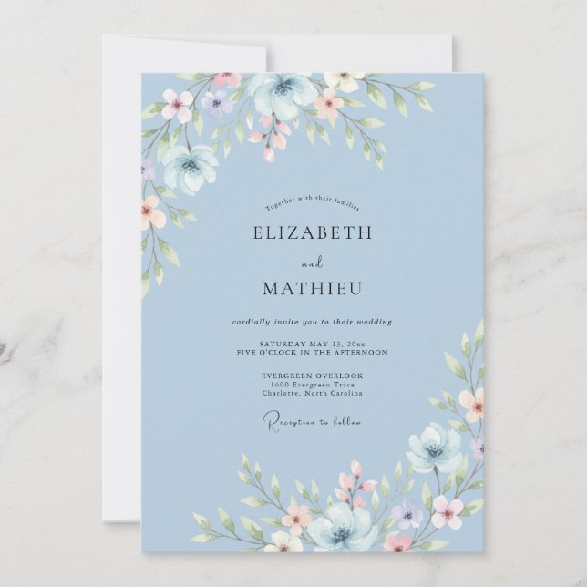 Sky Blue Bloom Arrangement Wedding Invitation (Front)