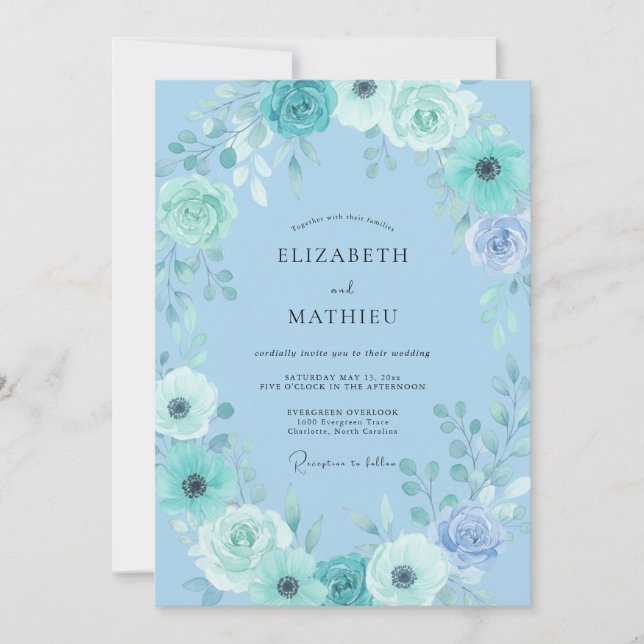 Sky Blue Bloom Flourish Wedding Invitation (Front)