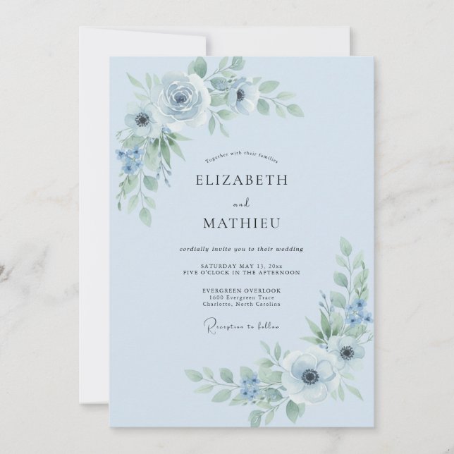Sky Blue Blossom Accent Wedding Invitation (Front)