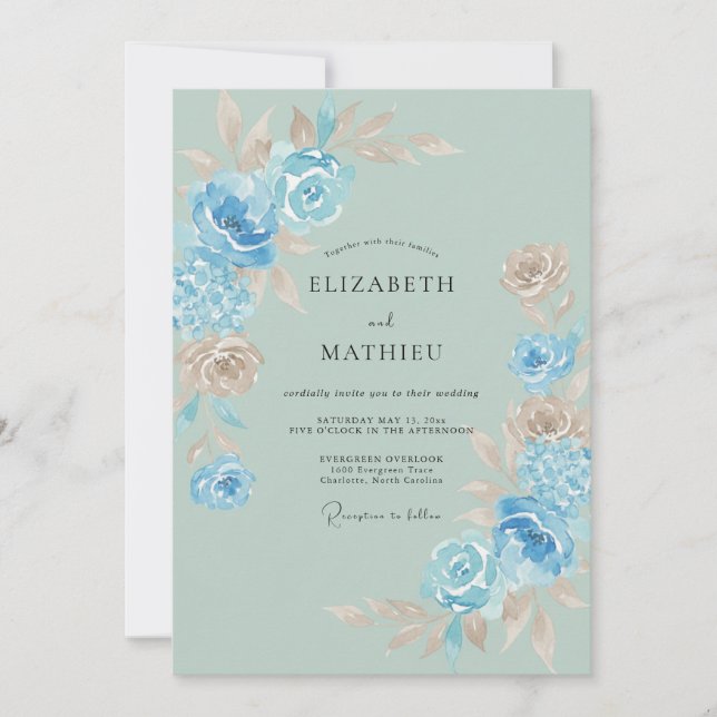 Sky Blue Blossom Watercolor Wedding Invitation (Front)