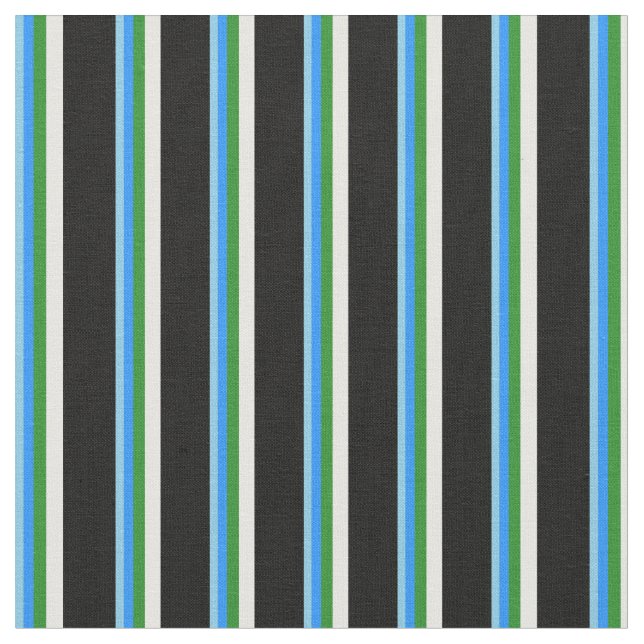 Sky Blue, Blue, Forest Green, White & Black Lines Fabric (Close Up)