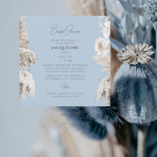 Sky Blue Boho White Floral Square Bridal Shower Invitation