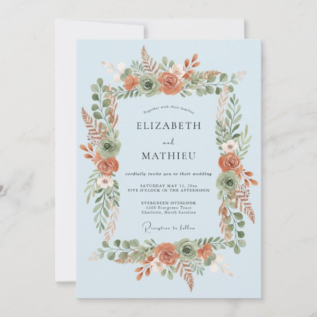 Sky Blue Botanical Wreath Wedding Invitation (Front)