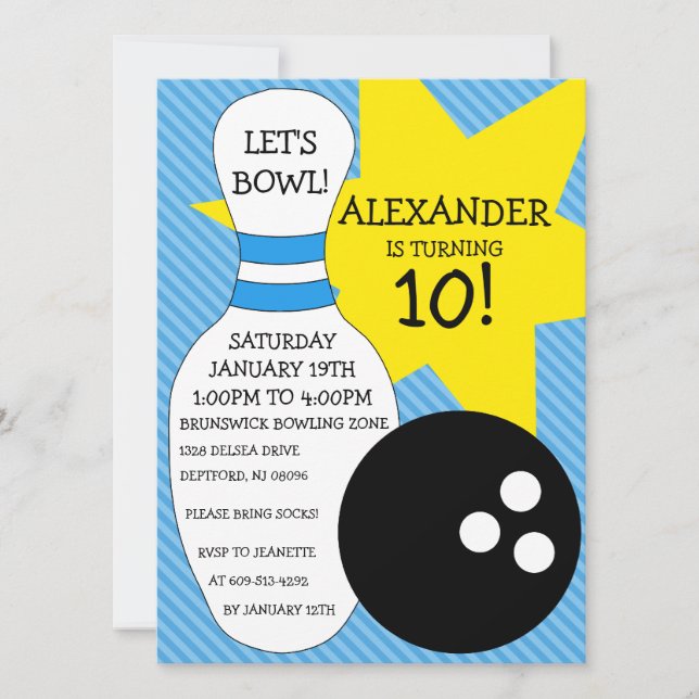Sky Blue Bowling Bash Bowling Birthday Party Invitation (Front)