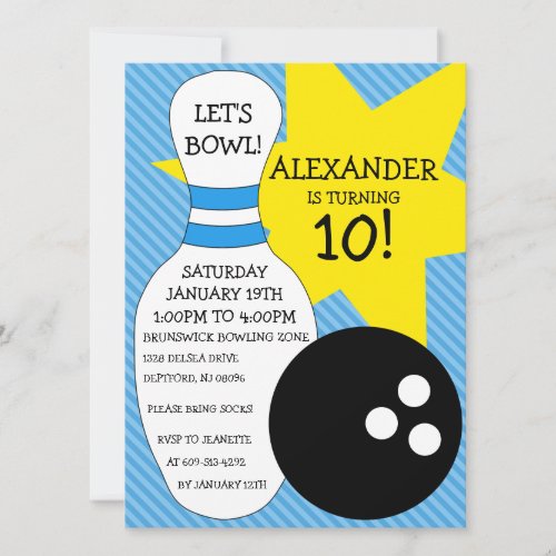 Sky Blue Bowling Bash Bowling Birthday Party Invite