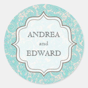 Sky Blue Bride & Groom Names Paisley Sticker Tag