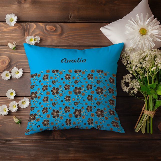 Sky blue brown natural flower  name throw pillow (Creator Uploaded)