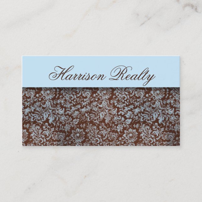Sky Blue Brown Rose Damask Lace Business Cards (Front)