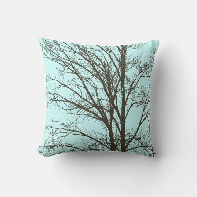 Sky Blue Brown Rustic Tree Branches Throw Pillow (Front)