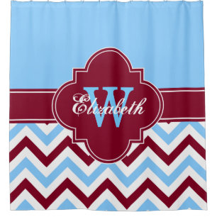 Sky Blue Burgundy LG Chevron 1ICBR Name Monogram Shower Curtain