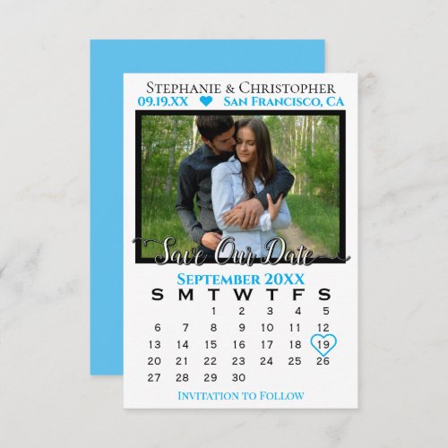 Sky Blue Calendar  Photo Wedding Save Our Date Card