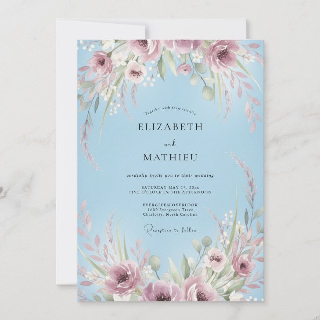 Sky Blue Celestial Wildflower Wedding Invitation (Front)
