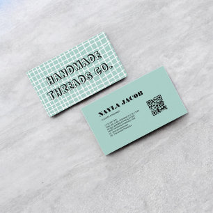 Sky Blue Check Pattern QR Code Handmade Clothing Business Card