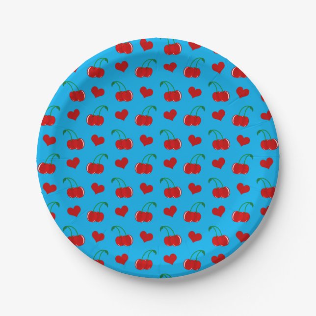 Sky blue cherry hearts paper plates (Front)
