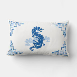 Sky Blue Chinoiserie Dragon and Clouds Lumbar Pillow