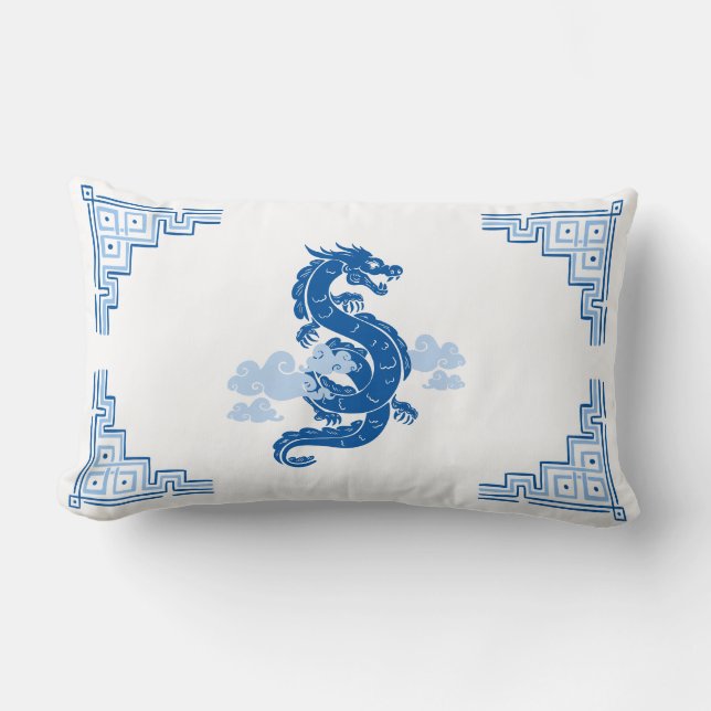 Sky Blue Chinoiserie Dragon and Clouds Lumbar Pillow (Front)