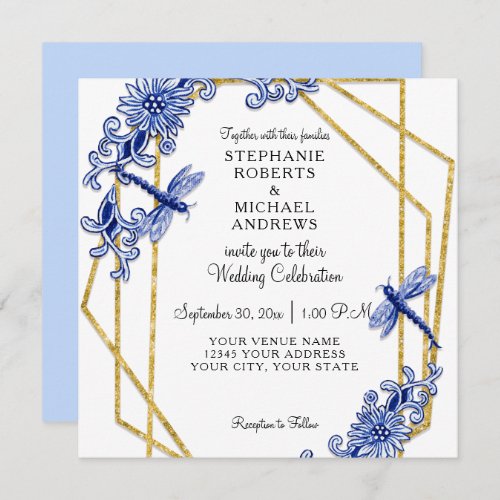 Sky Blue Chinoiserie Dragonfly Floral Watercolor Invitation