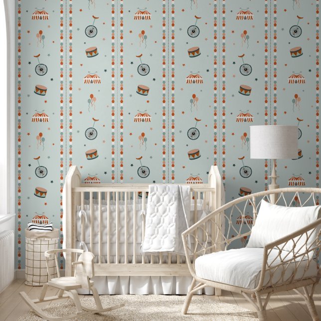 Sky Blue Circus & Stripes for Boys Nursery Wallpaper (Kids)