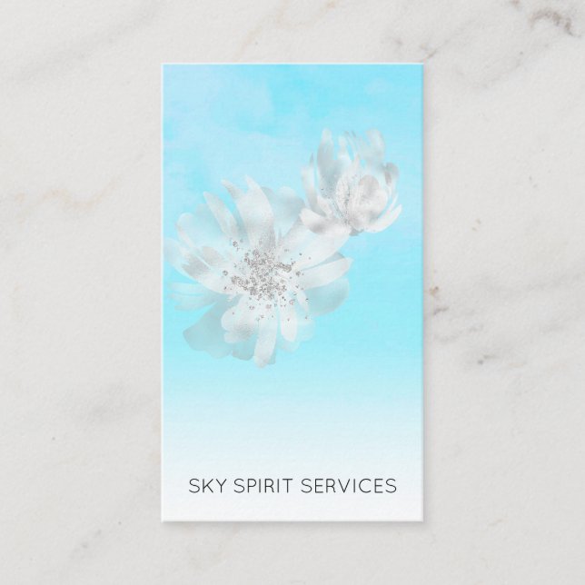 *~* Sky Blue Clouds QR Flowers Glitter Shimmer Business Card (Front)