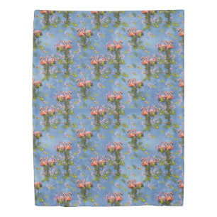 Sky blue cloudy and Flamingo's Repeat Print Duvet Cover