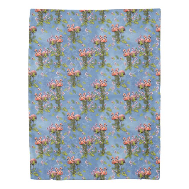 Sky blue cloudy and Flamingo's Repeat Print Duvet Cover (Front)
