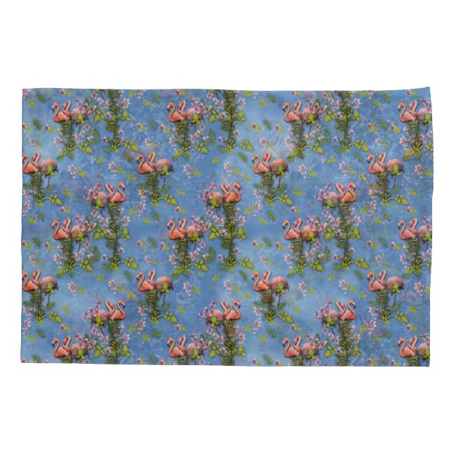 Sky blue cloudy and Flamingo's Repeat Print Pillow Case (Back)