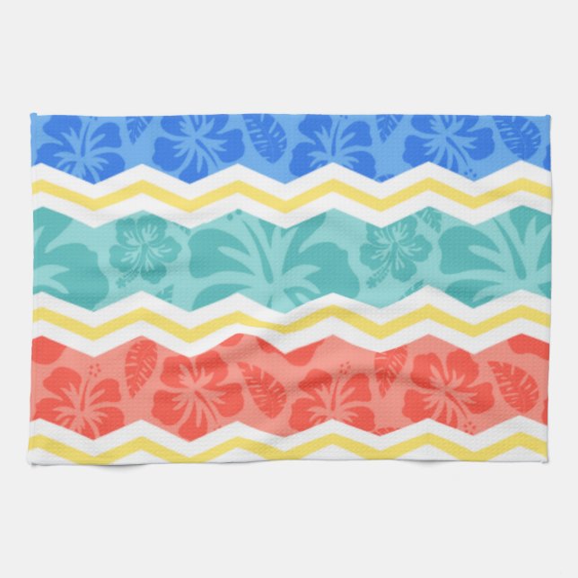 Sky Blue, Coral Pink, and Yellow Tropical Pattern Towel (Horizontal)