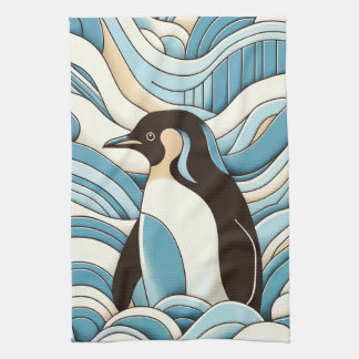 Sky Blue Cream Ocean Waves And Cute Penguin Kitchen Towel