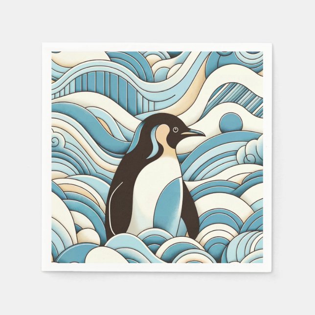 Sky Blue Cream Ocean Waves And Cute Penguin Napkins (Front)